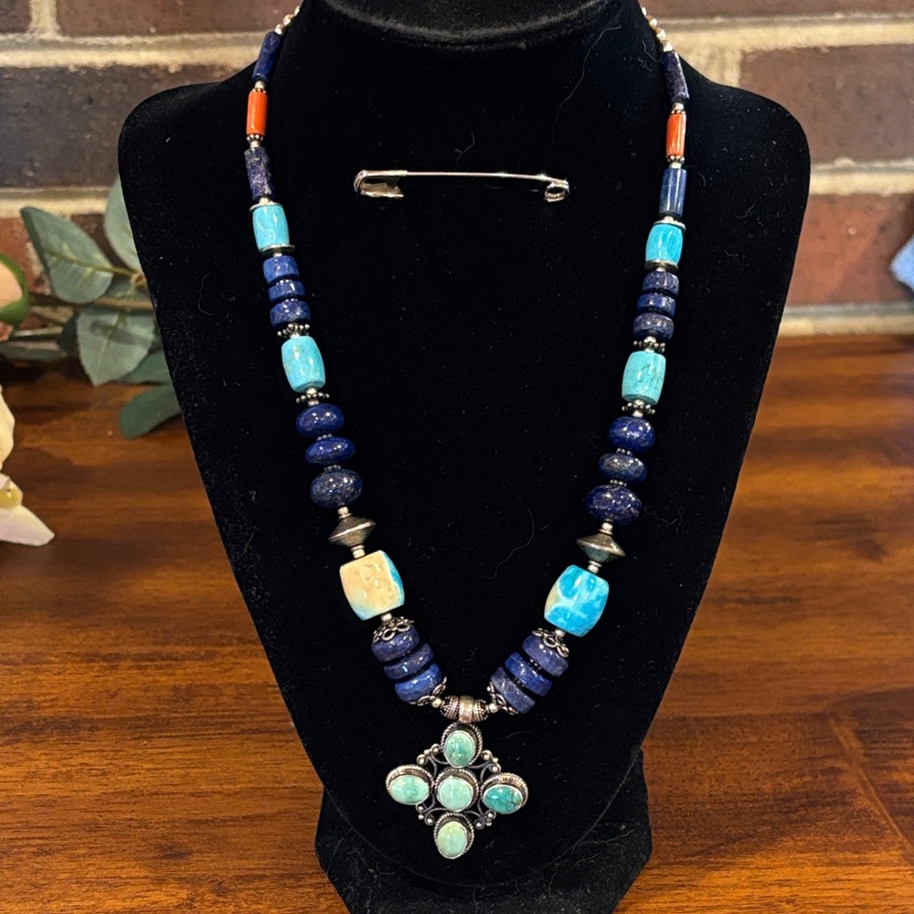 Vintage 925 Sterling Silver Coral,Lapis Lazuli, and Turquoise Beaded Necklace